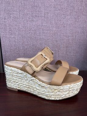 Michael Shannon Women’s Tan Espadrille Wedge Slide Sandals 3 in heel size 7